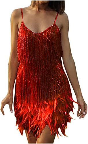 2024 Robe Disco sans Manches en Plumes à Sequins à Franges de Couleur Unie pour Femmes Robe de Femme Robe Sequins Paillettes Bretelles Spaghetti Robe a Frange Cocktail Robe de Soirée