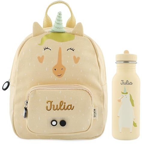 upstitch studio Trixie Sac à dos et gourde pour enfants, sac à dos de maternelle, sac à dos et gourde pour enfants, personnalisables avec nom individuel ou en kit, Motif licorne, Set: Rucksack SMALL +