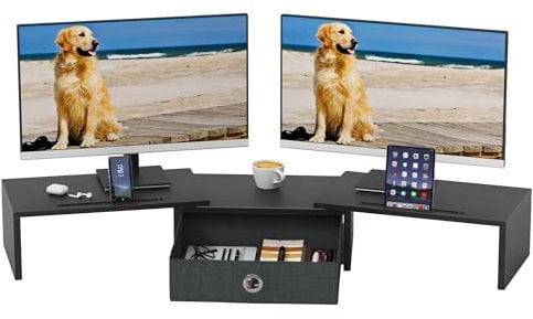 OYRREU Supporto Monitor Scrivania, Supporto 2 Monitor Rialzo Monitor da Scrivania, Supporto per Monitor con Cassetto, Supporto Schermo PC Laptop Computer Monitor Stand Accessori Scrivania