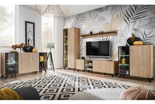 Lomadox Wohnmöbel Set Wohnwand braun (Kastanienholz Nb.) 5-teilig, Sideboard, Vitrine, Wandboard, Lowboard, Highboard