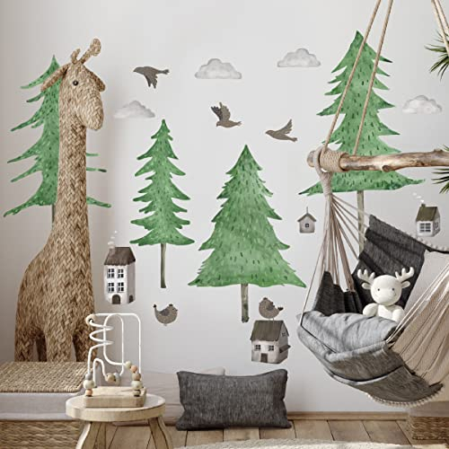 WandSticker4U®- [Aquafarben] Wandtattoo BAUM Kinderzimmer (120x90 cm) I Baby Wandsticker Baum groß Kiefer Wald Bäume Vögel Dschungel I Wandaufkleber Wanddeko Babyzimmer Mädchen & Junge XXL