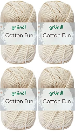 4x50 Gramm Gründl Cotton Fun Häkelgarn aus 100% Baumwolle inkl. Anleitung für Einkaufsnetz (02 Creme)