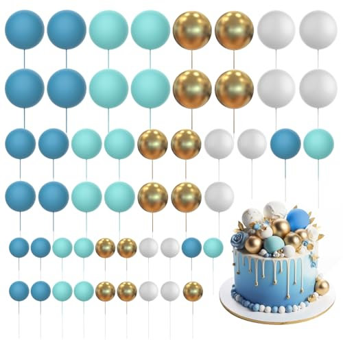 Bosillsm 60 Pcs Ball Cake Topper Balloons Decoration DIY Insert Topper Foam Cake Balls Baking Decoration for Christmas Wedding Anniversary Birthday (Blue, Gold, White)