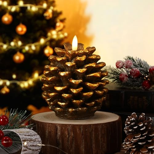 Baquler 1 Pcs Christmas LED Pine Cone Candles Large Xmas Flameless Pinecone Candles Battery Operated, Real Wax Pine Cone LED Flickering Pillar for Christmas Party Decoration, 4 x 5.5 Inches (Brown)