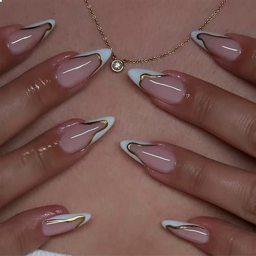 GlamRays Medium Press on Nails Mandel Weiße Falsche Nägel Glänzend Gold Line Akrylnägel Stiletto Künstliche Nägel French Tip Aufklebern Falsche Nägel Mit Design 24 Stück