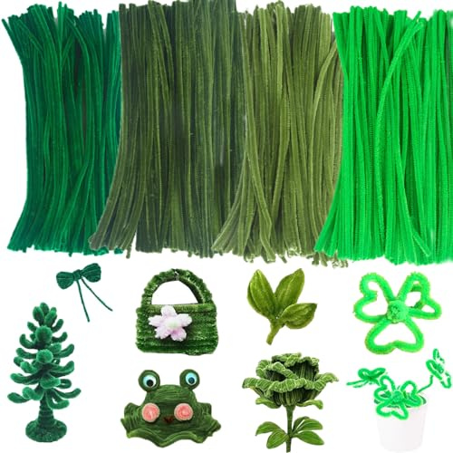 lurora2021 400 Stücke Pfeifenreiniger Grün 4 Verschiedene Grün Pfeifenreiniger Zum Basteln Biegeplüsch Basteldraht 30cm für Kreative DIY-Projekte Und Basteldeko, 6mm