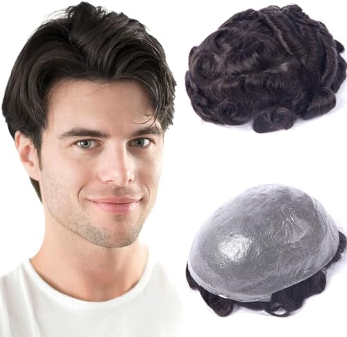 Prosa Men's Toupee 8x10 Inch V-Loop Full PU Ultral Thin Skin Base 100% Huaman Hair Replacement System With Natural Hairline For Balding & Thinning & Hair Loss Men (1B Natural Black)