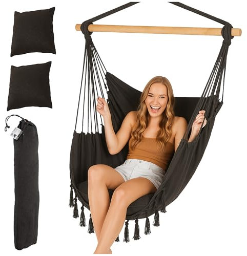 Brasilianische Hängematte Sessel Campela Grau mit Kissen und Tasche - Boho Stil für Innen und Garten, Tragkraft 150 kg - Wohnzimmer, Kinderzimmer, Balkon, Terrasse