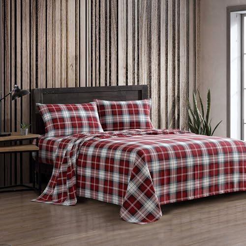 Eddie Bauer - Queen Bed Sheets, Cotton Flannel Bedding Set with Matching Pillowcases, Brushed for Extra Softness, Deep Pocket, Oeko-Tex Certified (Heartland Plaid Red)