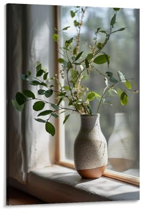 GMUKIFFY Modern Eucalyptus Painting on Canvas Wall Art Green Leaf Plant Vase Stretched And Framed Canvas Prints Artwork for Home Decorations Ready to Hang Wall Decor 08x12inch(20x30cm)