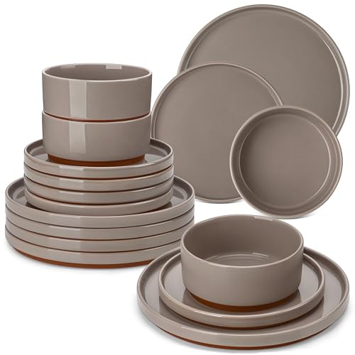 MALACASA Vajillas Completas Modernas 18 piezas, Juego de Vajilla Completo 6 Personas con 6 Platos Llanos, 6 Cuencos para Cereales, 6 Platos de Postre, Marrón - Serie LEAH