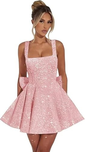 Robes de soirée courte à paillettes avec bretelles spaghetti et nœud à col carré Mini robes de cocktail, rose, XS