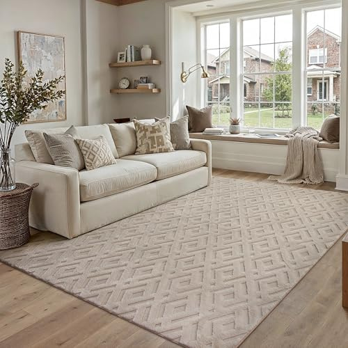 PureCozy Teppich 200x300cm Beige Wohnzimmer Schlafzimmer Flauschiger Teppiche Waschbarer Weich Groß Fellteppich Carpet Modern rutschfest Esszimmer BüRo 3D Effect Rautenmuster Faux Fur