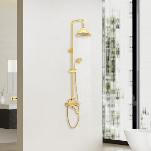 Fyssnn Système de douche à effet pluie, robinet de douche complet avec douchette, robinet de baignoire rétro doré, barre de douche réglable en hauteur