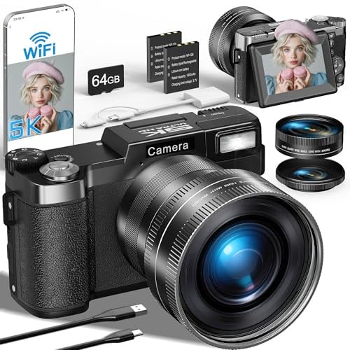 5K Appareil Photo Numérique 64MP Camera Digital avec WiFi, Carte 64Go, Autofocus, Flash Réglable, Selfie à Ecran Rotatif 180° Compact Vlog Caméra pour Youtube, Objectif Grand Angle et Macro 2 Pilas