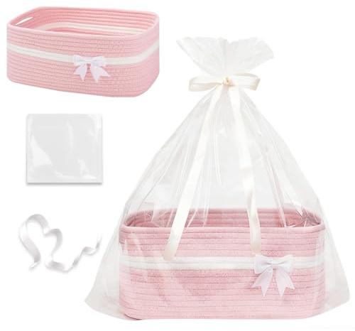 RNPKZ Geschenkkorb Leer Groß, 34x25x15 cm Aufbewahrungskorb mit Geschenktüten & Geschenkschleife, Präsentkorb Leer, Große Geflochten Korb mit Griffen Deko-Korb für Geburtstag,Hochzeit,Babyparty (Rosa)