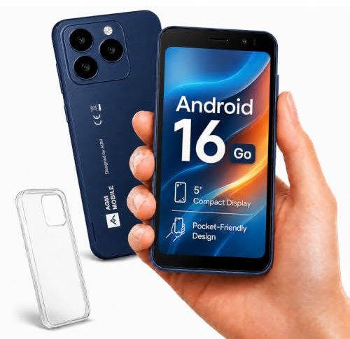 AGM N2 SIM Free Mobile Phone, Android 16 Go, 4G LTE Dual SIM, Pocket-Sized | 5.0 Mini Cheap Smartphone, Face Unlock, 3GB+32GB (256GB Expand), 3000mAh Removable Battery, IP54, Case Included, Blue
