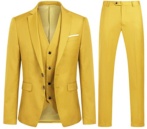 YOUTHUP Mens Slim Fit 3 Piece Suit 2 Button Business Wedding Suits Tuxedo Blazer Waistcoat Trousers, Yellow, XXL