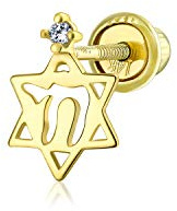 Winzige Petite Judaic Jewelry Cz Accent Real 14K Yellow Gold Hebrew Chai Life Star Of David Judaic Cartilage Ear Lobe Piercing Stud Earring For Freundin Teen For Bat Mitzvah Secure Screw Back