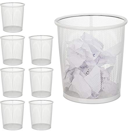 Relaxdays Corbeille papier, lot de 8, Pour bureau & chambre ado, ouverte,ronde, fil de fer, poubelle, en métal, HxD 24 x 23,blanc
