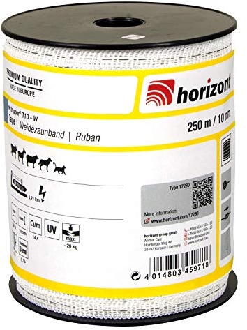 horizont Weidezaunband trapper T10-W 250 m lang, 10 mm breit, Breitband Litze, Weidezaun Strom, Elektrozaun, für kurze Zäune, 20 kg Bruchlast, Band, Litze Weidezaun