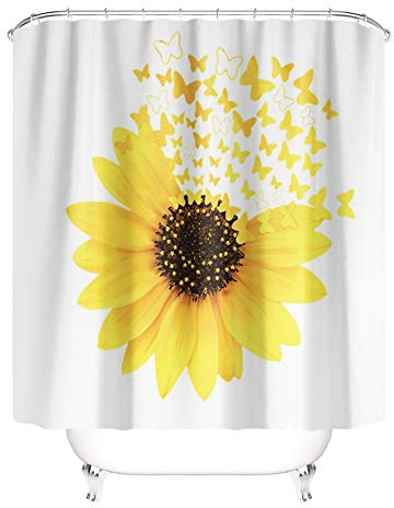 M&W DasDesign Tenda da doccia girasole girasole, farfalle, bagno, in tessuto, effetto antimuffa, lavabile, con 12 anelli a C, peso inferiore 180 x 200 cm