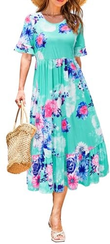 STYLEWORD Women Summer Dress Floral Short Sleeve Ladies Casual Swing Midi Dress with Pockets(Floral01,Medium)