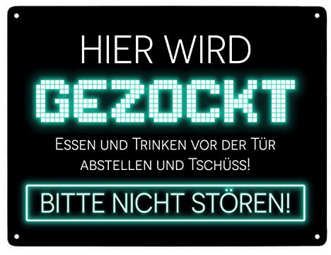 Hier wird gezockt Metallschild XXL in 28x38 cm für Gamer in türkis lustige Geschenkidee für Jungen und Mädchen die Computerspiele lieben und am liebsten den ganzen Tag zocken