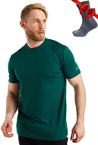 Premium Merino Shirt Herren Kurzarm - Thermooberteile 100% Merino Unterwäsche Herren + Wanderwollsocken (Small, Emerald Green)