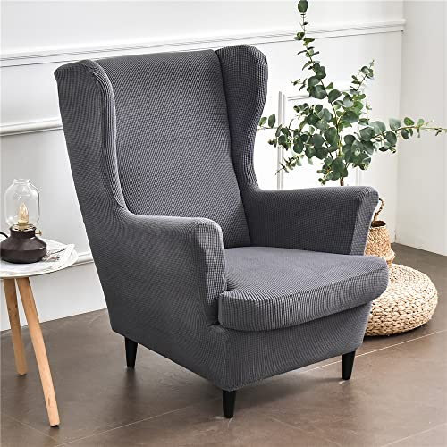 Highdi 2 Teilig Jacquard Ohrensessel Überzug, Sessel-Überwürfe Ohrensessel Schonbezüge Bezug Sesselhusse Elastisch Stretch Stuhlbezug mit Armlehne Hohe Rückenlehne Universal (Dunkelgrau)