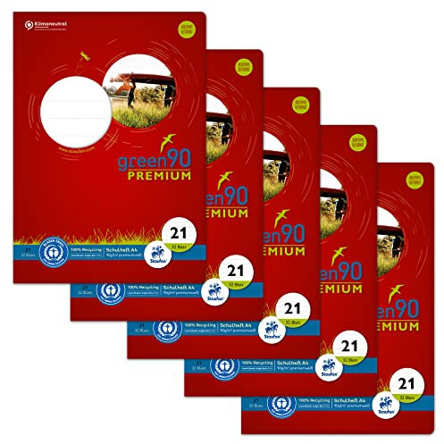 Staufen Green Heft - DIN A4, Lineatur 21 (9mm liniert), 32 Blatt, premiumweißes 90g/m² Recyclingpapier, runde Ecken verhindern „Eselsohren“, 4 verschiedene Motive (keine Auswahl möglich), 5 Stück