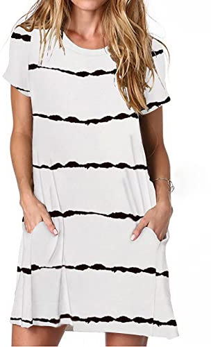 Ancapelion Women's Tie Dye White Striped T Shirt Dresses Short Sleeve Loose Mini Tunic Dress for Ladies S