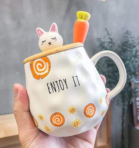 TuYines Kaffeetasse mit Deckel,Katzen Tasse,Cappuccino Tasse,Kaffeetasse aus Keramik,Taufe Becher,Keramik Teetasse Löffel,380 ml Witzige Tasse,Milch Kaffee Tasse, Style D