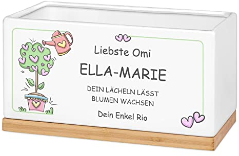 Maverton Blumentopf mit Aufdruck - Pflanzentopf aus Keramik + Untersetzer aus Bambusholz - Küche Dekoration - Blumenkübel für Frauen - zum Geburtstag - zum Einzug - Weiß - Gießkanne