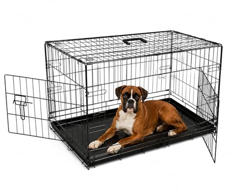 UNDERDOG Metal Dog Crate/Cage – Pet Black Metal Folding Cage with 2 Doors Sliding Chew Resistant Plastic Base Tray Heavy Duty Puppy Training Solution (42 X-Large, Dog Crate)