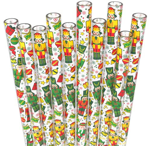 Fiesta First 10 lange wiederverwendbare transparente Hartplastik-Trinkhalme, Weihnachts-Nussknacker-Druck-Design + stabile Reinigungsbürste, für Kinder, Becher und Einmachgläser, BPA-frei