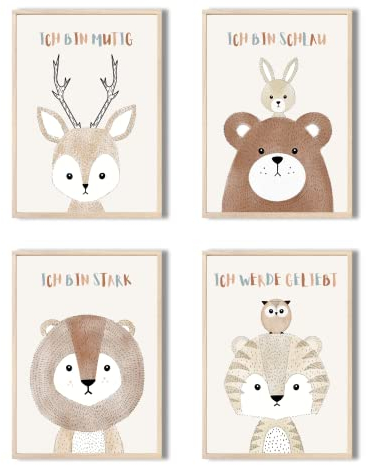 MeinBaby123® Affirmationsbilder | 4er Set DIN A4 Poster Set | Bilder Kinderzimmer Poster| Babyzimmer Deko | Wandposter Premium (Vier Freunde Affirmation)