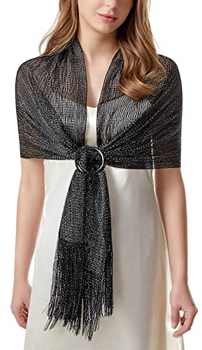 heekpek Stola Damen Festlich Umhang Schal Damen Elegant Lang Schal Weiches Umschlagtuch Glitzer mit Quasten für Brautkleider Abendkleider, Schwarz