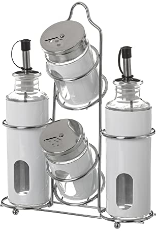 Juego de aceitera, vinagrera, salero y pimentero blancos decristal con soporte de acero inoxidable de 17x6x23 cm - LOLAhome