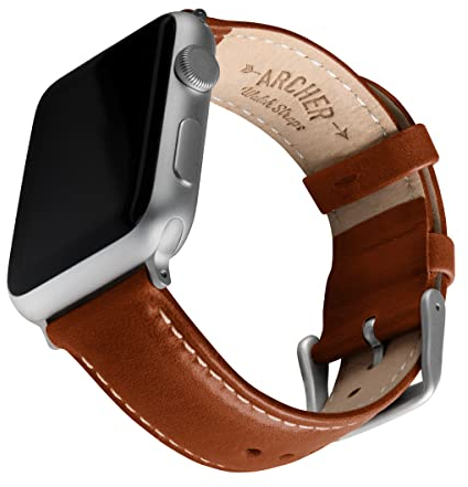 Archer Watch Straps - Cinturini Pelle Pieno Fiore per Apple Watch (Cognac/Cucitura Bianco Naturale, Argento, 40/41/42mm)