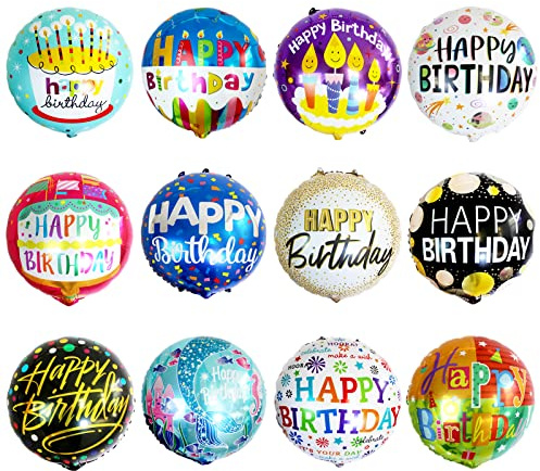 24 Pcs Happy Birthday Foil Balloons 18 inch Round Helium Floating Mylar Balloon Inflatable Balloons for Birthday Party Decorations Supplies,12 Patterns