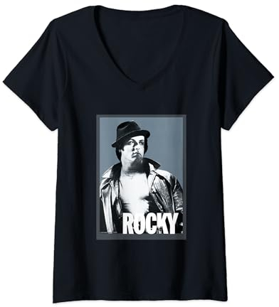 Rocky Lederjacke und Fedora mit Logo T-Shirt mit V-Ausschnitt