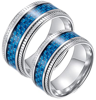 BCughia Partnerringe 2Er Set, Partnerringe Blau Edelstahl Ring Schmuck 9,5 mm Silberring Inlay Blue Carbon Fiber Damengröße 54(17.2), Herrengröße 62(19.7)
