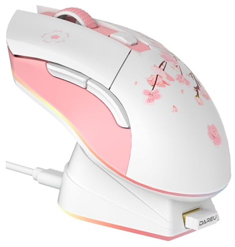 DAREU Sakura Souris sans Fil Rose avec Station de Chargement Rechargeable RGB, 12K DPI, 7 Boutons Programmables, Capteur Haute Précision 300IPS 1000Hz Souris Gamer pour PC Notebook Mac- Rose et Blanc
