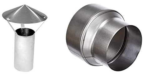 Kamino Flam Regenhaube in Silber, feueraluminierter Regenschutz im Durchschnitt ca. 120 mm & Kamino Flam Reduzierung silber, zum Anschluss von 150 mm in ein 120 mm Rohr