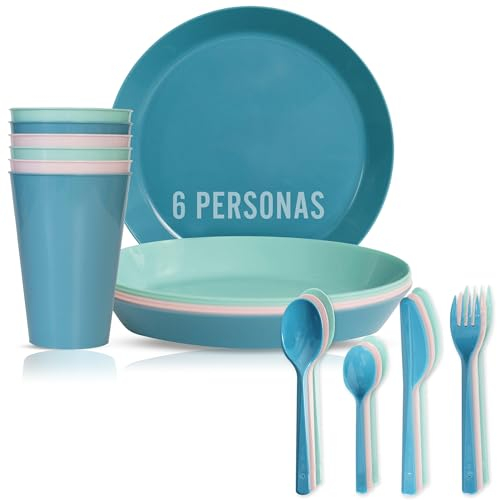 Mypicompany Vasos Plastico Duro y Platos Plastico Duro Reutilizables. Platos y Vasos para Cumpleaños. Vajilla Camping. Camping Accesorios. (6PLATOS+6VASOS+CUBIERTOS)