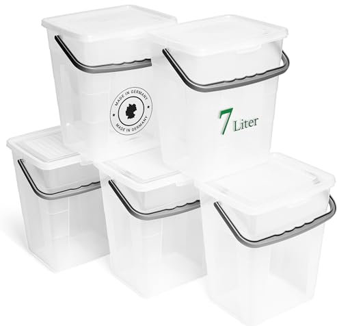 Novaliv Lot de 5 boîtes à lessive avec couvercle - 7 l - Transparent - 23,5 x 18 x 26,5 cm - Boîte de rangement pour poudre à lessive avec anse