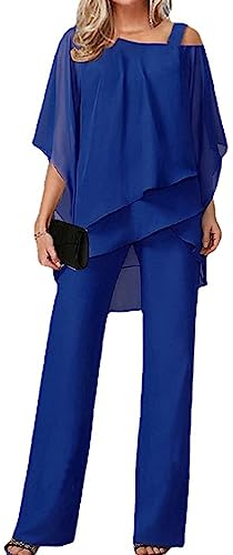 Sawmew Damen Tüll Abendanzug Sets Zweiteiler Chiffon Shirt und Hohe Taille Hosenanzug Elegant Vintage 2-Teiliges Set Outfit Cocktail Party Festlich Hosenanzug (Color : Blue, Size : XL)