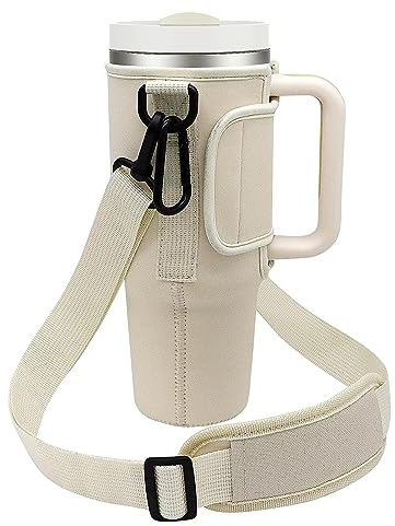 Wotermly Porte-bouteille d'eau avec bandoulière réglable pour gobelet Stanley Cup Quencher H2.0, 1,2 l, beige
