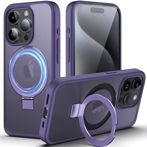 DASFOND Magnetic Designed for iPhone 15 Pro Case [Compatible with Mag-Safe] [Invisible Ring Kickstand] Slim Translucent Matte Shockproof Anti-Fingerprint Cover Case for iPhone 15 Pro 6.1, Purple